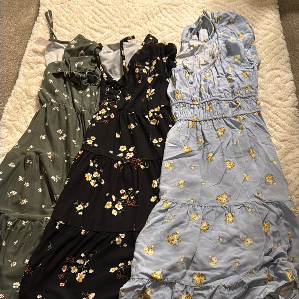 Floral Women's Dresses Set - Black, Green, and Blue - S / M / L